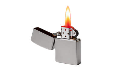 Open silver metal lighter with burning flame isolated for smoking accessories and fire concepts.


