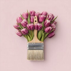 Paintbrush creating vibrant pink tulip bouquet