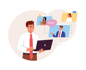 Vector illustration of virtual meeting, communication. Cartoon scene of business team meeting online, man holding laptop, interface windows with different people isolated on white background.