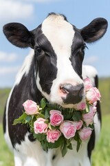 Holstein cow wearing pink rose garland in field