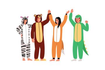 Vector illustration of a group of cheerful people at a pajama party. Cartoon scene of boys and girls dressed in animal pajamas: zebra, bear, fox, crocodile isolated on white background. Costume party.
