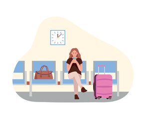Vector illustration of a woman sitting in the waiting room of an airport, train station. Cartoon scene of a woman sitting, looking at a smartphone, bag, suitcase, clock isolated on a white background.