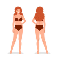 Vector illustration of a beautiful red-haired, curly girl in a swimsuit. Cartoon scene of front and back of a slim girl dressed in a brown swimsuit isolated on a white background. Fashion model.