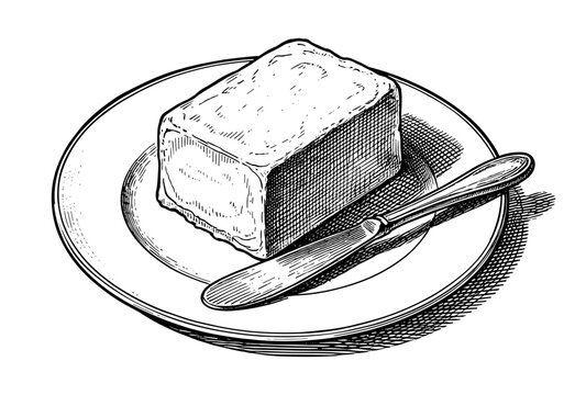 Butter with a knife on a plate sketch illustration in black and white