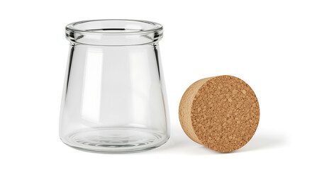 Clear glass jar with cork lid on white background