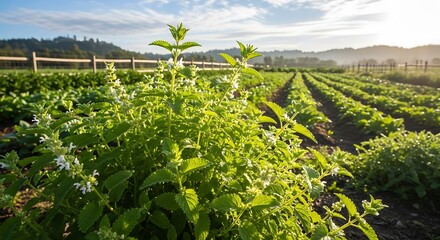 Lush green plants with small white flowers grow in neat rows on a farm.