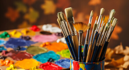 Obraz premium Paintbrushes in a colorful cup with a palette paints colors