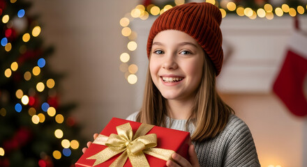 Joyful girl in a red sweater and Santa hat is holding a wrapped gift adorned with a golden bow, surrounded by sparkling lights and Christmas stockings, embodying the festive holiday atmosphere