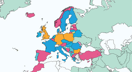 Obraz premium A colorful political map of Europe with different countries highlighted in various bright colors for easy identification.