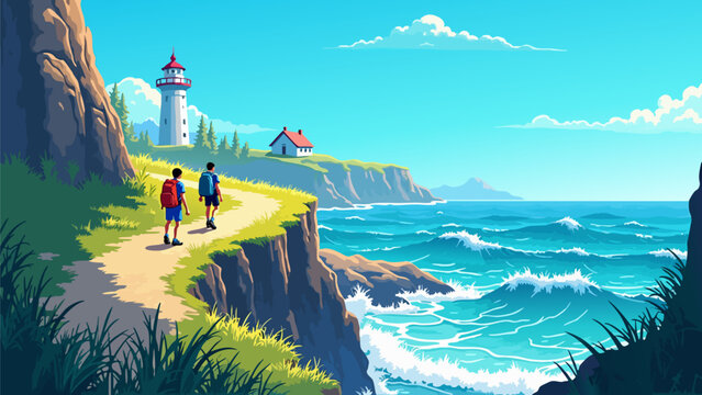 Anime Style Vector Illustration of Backpackers Trekking on Coastal Cliff Path with Lighthouse