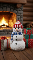 Snowman with red hat and scarf stands beside colorful gift boxes in a cozy cabin, with a warm fireplace glowing in the background, creating a festive holiday atmosphere