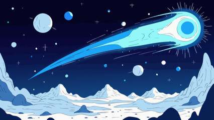 Vector illustration of a blue comet with a luminous tail streaking through a star-filled galaxy