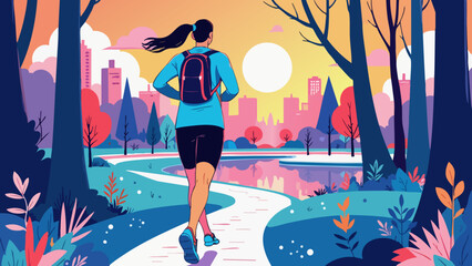 Vector Illustration of a Jogger Running in a City Park at Sunrise