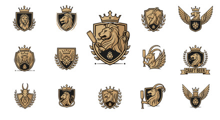 A large collection of vintage, heraldic-style craft beer logos and emblems featuring animals like lions and goats with crowns.