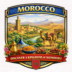 Morocco emblem with traditional landscape, camel, medina, and local cuisine