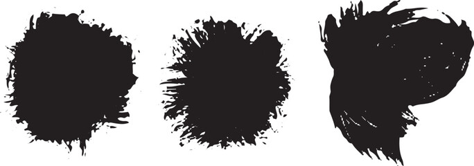 Collection of three gritty black ink splatter grunge brush stroke design elements isolated on white background