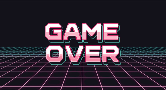 Pink pixelated 'Game Over' text with a turquoise shadow floats above a glowing retro-futuristic grid in 80s arcade style.