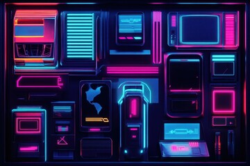 Vibrant neon panel displaying futuristic technology in a dark setting