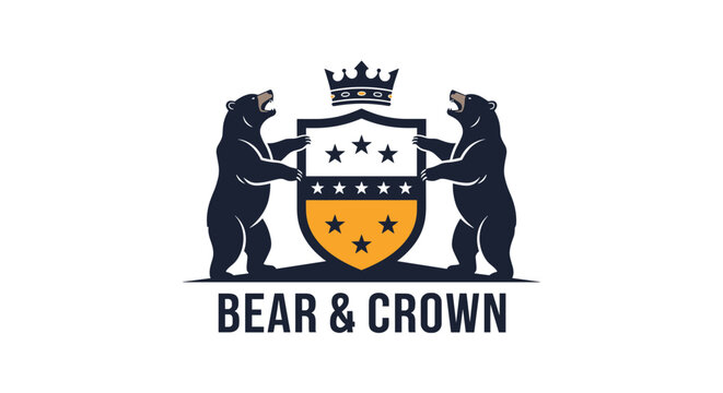 Heraldic logo design for 'Bear & Crown' featuring two rampant black bears holding a shield topped with a royal gold crown.