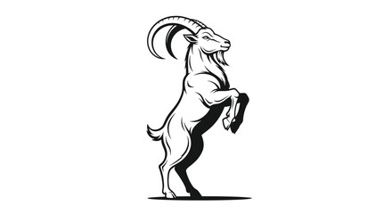 Fototapeta premium A powerful and muscular mountain goat or ibex rears up on its hind legs in a proud, illustrative black and white style.