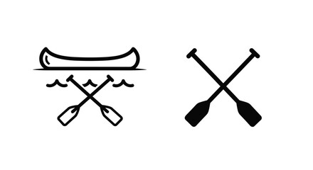 Two simple black and white icons for canoeing, one showing a canoe on water with crossed paddles and one with just crossed paddles.