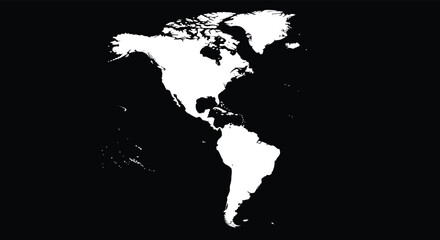 A high-contrast stencil-style map of North and South America in solid white, isolated on a stark black background.