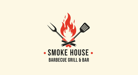 A rustic logo for a 'Smoke House Barbecue Grill & Bar' featuring a crossed fork and spatula over a bonfire with flames.