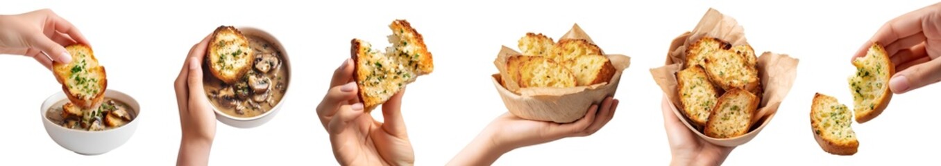 Set of hand holding Garlic bun bread, toasted baked slice, golden brown butter herb, mushroom soup, takeaway bowl, broken bitten pile group, transparent cutout PNG. Many different Mockup