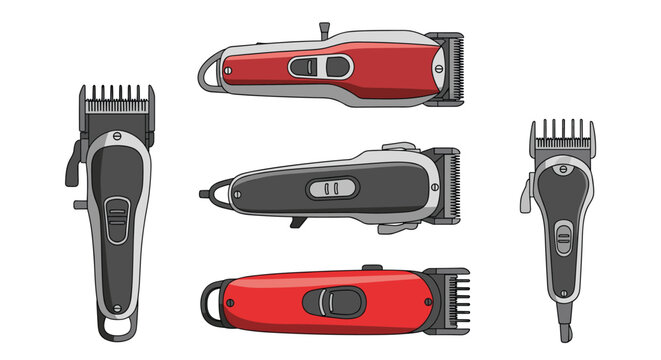 A collection of five different professional electric hair clippers shown from various angles in a clean, illustrative style.