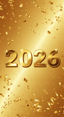 Golden numbers representing the year 2026, surrounded by festive confetti and streamers on a vibrant gold background, symbolizing celebration and new beginnings