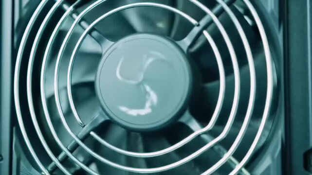 Close up of a computer fan with metal grill and moving blades