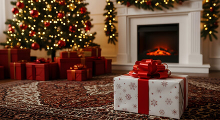 Young woman wearing a red sweater and santa hat is joyfully holding a wrapped gift adorned with a golden bow against christmas tree.decorated festive setting filled with lights and holiday cheer