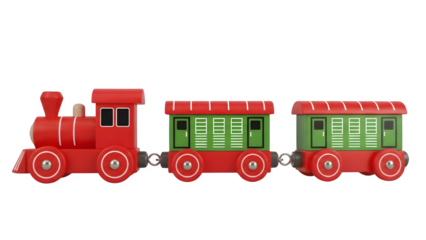 Classic Wooden Christmas Toy Train Red Locomotive with Two Green Carriages Side View Isolated on Transparent Background PNG

