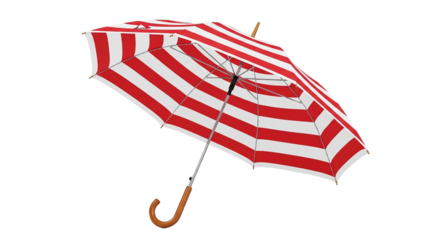 Stylish red and white striped umbrella with wooden handle Vibrant protection for sunny beaches or rainy days a classic