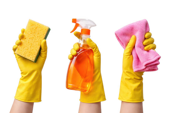 Hands in yellow gloves holding cleaning supplies, isolated on transparent background isolated on transparent background