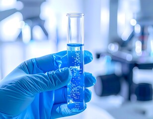 Scientist in Blue Glove Holding Test Tube with Liquid in Laboratory