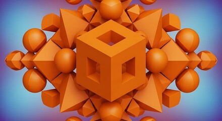 Symmetrical arrangement of orange geometric shapes forms abstract art.