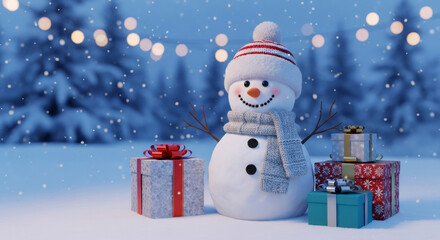 Snowman with cheerful expression stands beside beautifully wrapped gifts in a snowy landscape, surrounded by twinkling lights, capturing the essence of Christmas and New Year celebrations