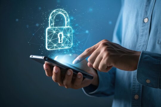 Person using a smartphone with a glowing digital padlock icon and network connections symbolizing online security and privacy - Powered by Adobe