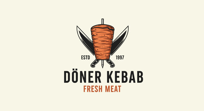 A detailed vintage logo for a D�ner Kebab shop, showcasing a vertical rotisserie of meat with two large knives crossed behind it.