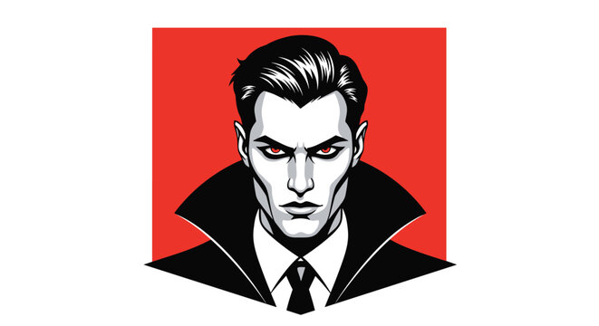 A striking and intense portrait of a handsome male vampire with red eyes and a high collar, done in a sharp, graphic style.