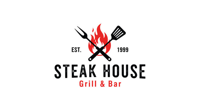 A classic, rustic logo for a steak house and grill bar, featuring a fire with a crossed fork and spatula in a grunge style.