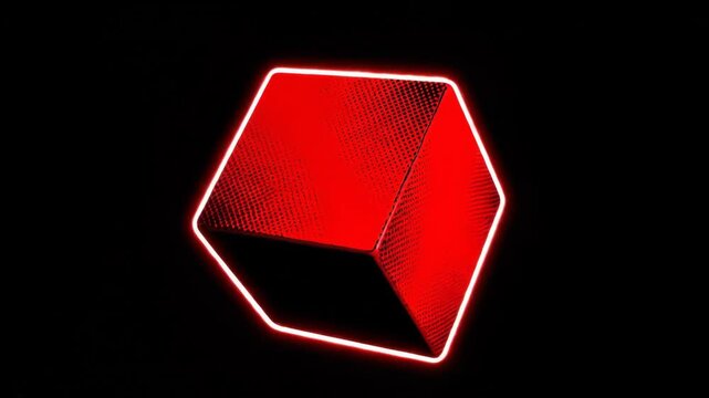 Red Cube Rotating in Comic Book Style with Halftone Pattern on Black 3D Render