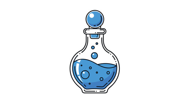 A whimsical cartoon illustration of a glass potion bottle with a round stopper, filled with a bubbling blue magical liquid or elixir.