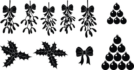 Christmas mistletoe and holly silhouettes set, festive bows and ornaments, winter holiday decorations, black silhouette illustration collection © Monteza