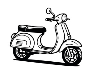 Vintage scooter, black and white sketch, flat vector illustration