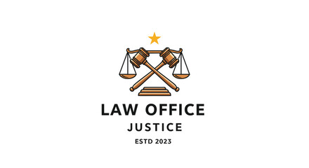A professional law office logo featuring crossed gavels and the scales of justice with a star above, rendered in a clean line art style.