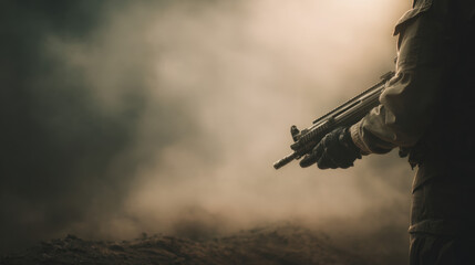 Naklejka premium Soldier holding a specialized firearm. Military concept of combat and conflict in a smoky environment. Modern warfare and defense strategy.