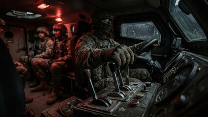 Obraz premium Soldier driving military vehicle in first-person view, with fellow soldiers seated behind. Armed conflict and war concept for defense and security related content.