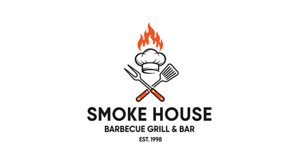 A classic smokehouse and barbecue grill logo featuring a flaming chef hat above a crossed fork and spatula with vintage typography.